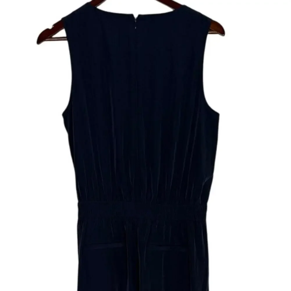 J Crew Sleeveless Satin Effect OnePiece Jumpsuit Elastic Tie Waist Pocket 6 Blue - Picture 7 of 15